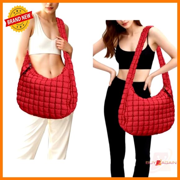 Large Quilted Puffer Tote Bag with Crossbody Strap Lightweight Carryall